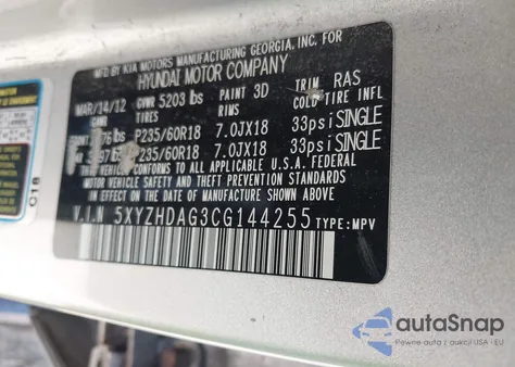 2012 Hyundai Santa Fe Se from USA, damaged, VIN 5XYZHDAG3CG144255